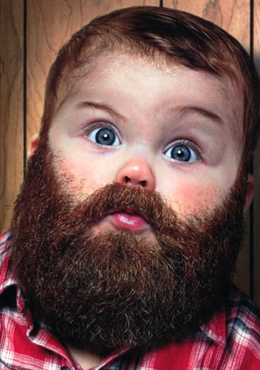 Funny picture of a baby with bright blue eyes who has a thick dark beard.