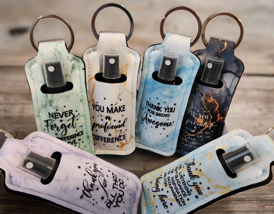 Inspirational magnesium oil spray travel keychains. Easy to carry and ready for muscle pain and headache relief.