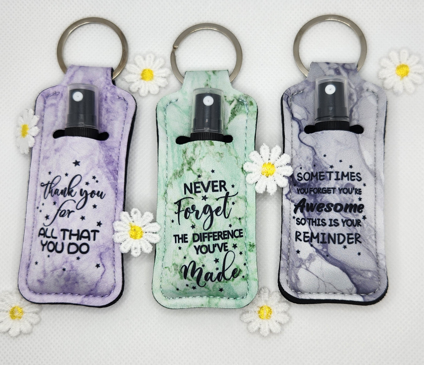 Magnesium Oil Spray that you can take with you to help with headaches and muscle soreness. Cute inspirational messaging on the keychain holder.