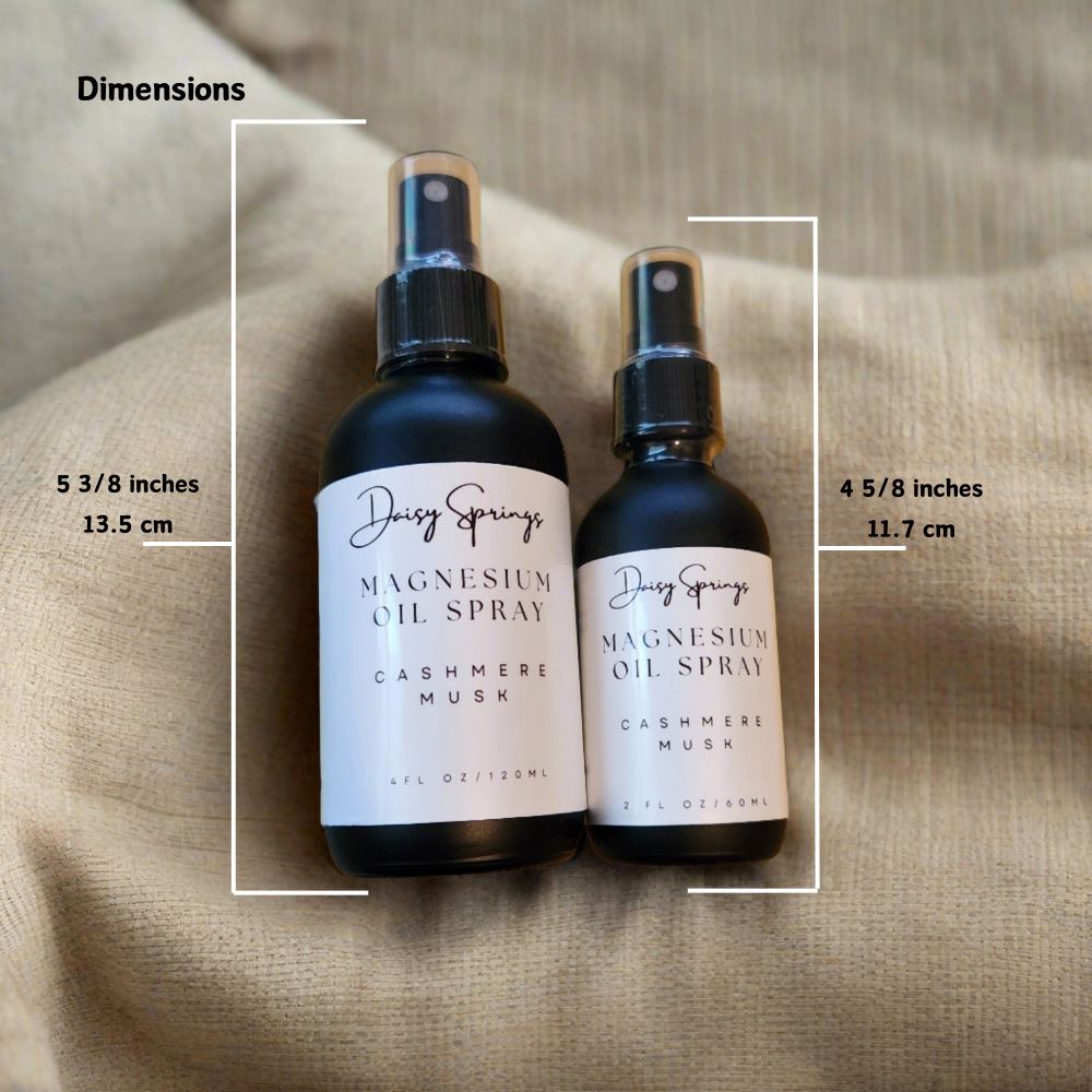 Relax with magnesium spray in either a 2 oz or 4 oz eco-friendly glass bottle.